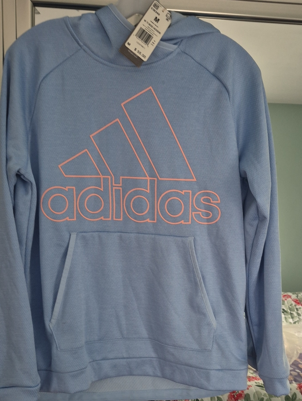 adidas Light Blue Crewneck Sweatshirt with Pink Logo